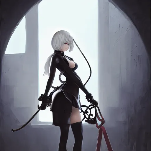 Image similar to a painting of 2 b nier automata tied up in a dungeon with a bag on her head, full view, popular on artstation, artstationhd, artstationhq 8 k, volumetric lighting, trending on artstation, artstationhd, artstationhq, ultra detailed, detailed head, by artgerm and james gurney, greg rutkowski