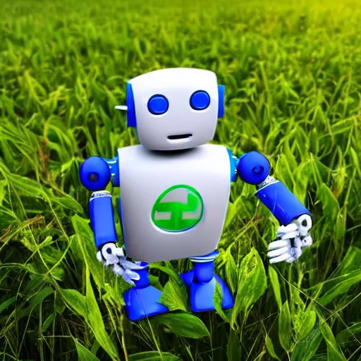 Image similar to robot in his hands is holding a small piece of land with a small ecological green plant