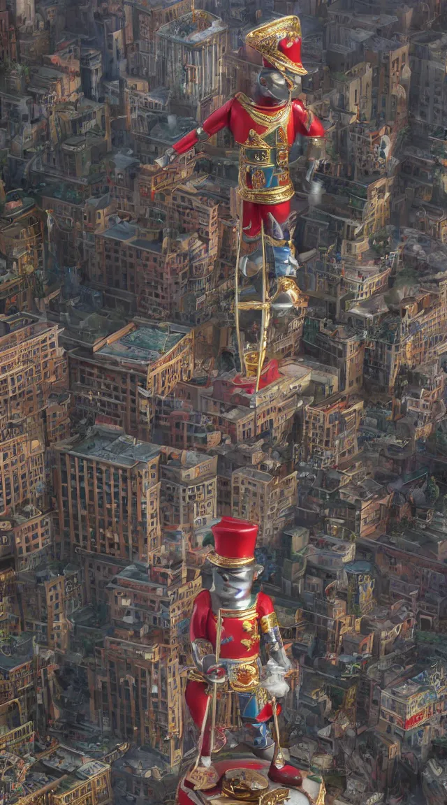 Image similar to hyperrealistic giant toy tin soldier in city, stunning, realistic, highly detailed attributes and atmosphere, dim volumetric cinematic lighting, 8 k octane extremely hyper - detailed render, post - processing, masterpiece,