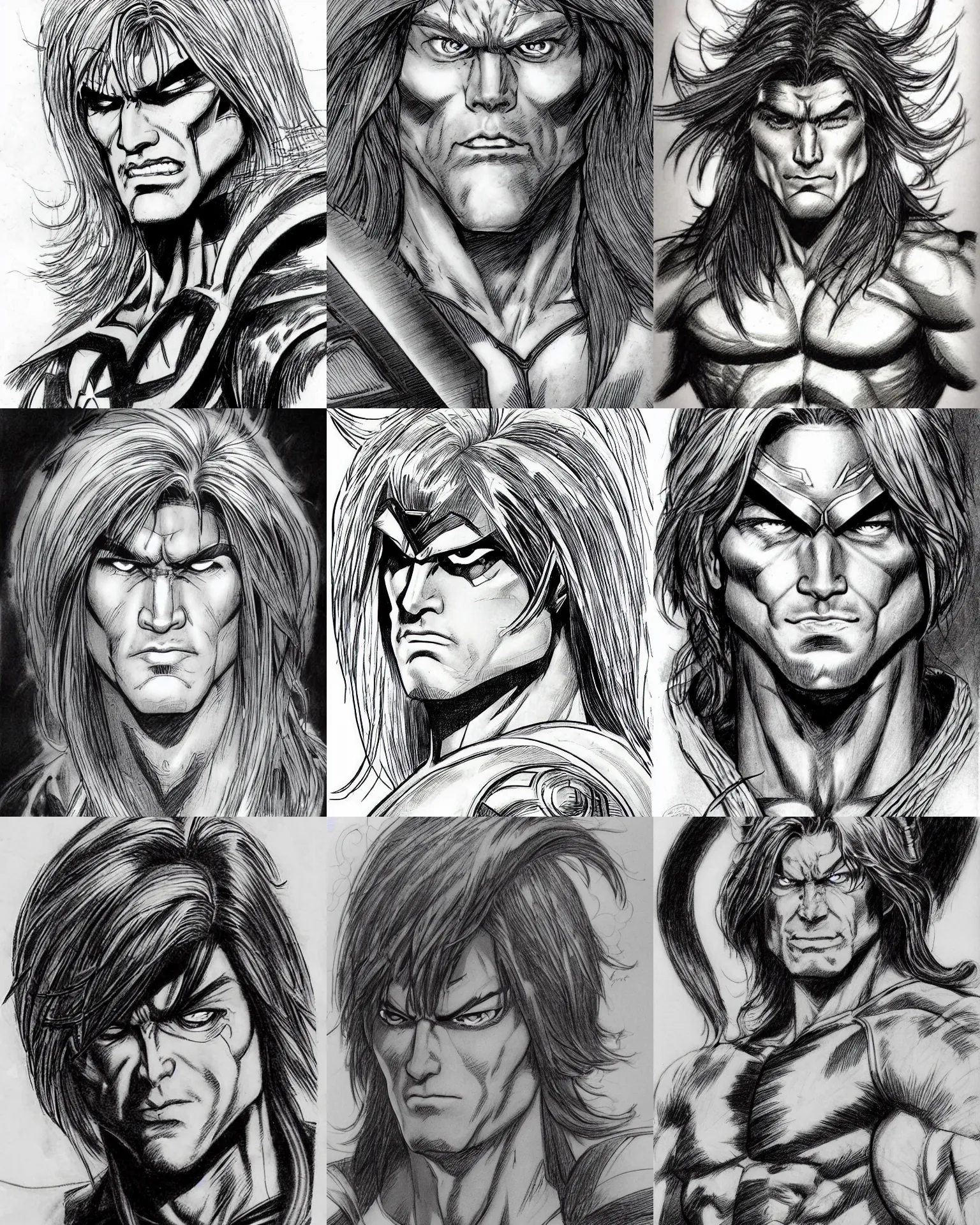 Prompt: jim lee!!! pencil sketch by jim lee close up headshot of he-man long hair as superhero in the style of jim lee, x-men superhero comic book character by jim lee