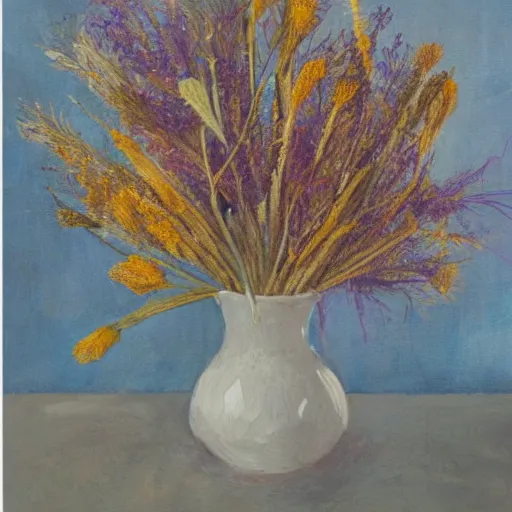 Image similar to still life aesthetic layout of dried wild flowers inside of the open envelope, oil on canvas