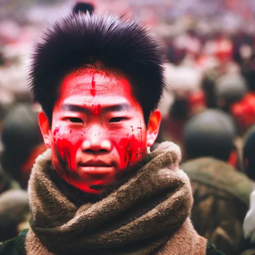 Prompt: a ultra high resolution close - up of a beautiful young tai warlord standing in crowd of battlefield, looking down at the camera. his face is partially obscured by a red scarf, and he has a smiling expression. the light is dim, and the colours are muted. kodak etkar 1 0 0