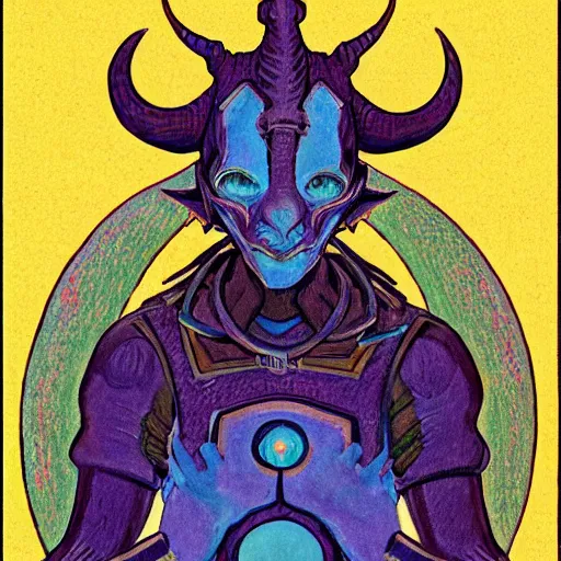 Prompt: art of symmetrical tiefling, in the style of moebius and studio ghibli and vincent van gogh