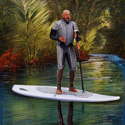 Image similar to mr worf paddleboarding in swamp by highway man painting, photorealistic, high resolution, vray, hdr, hyper detailed, insane details, intricate, elite, ornate, elegant, luxury, dramatic lighting, octane render, weta digital, micro details, 3 d sculpture