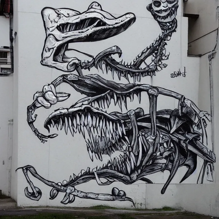 Image similar to Street-art painting of funny crocodile-skeleton in style of Banksy, comic character, cute skeleton, cartoon style, photorealism