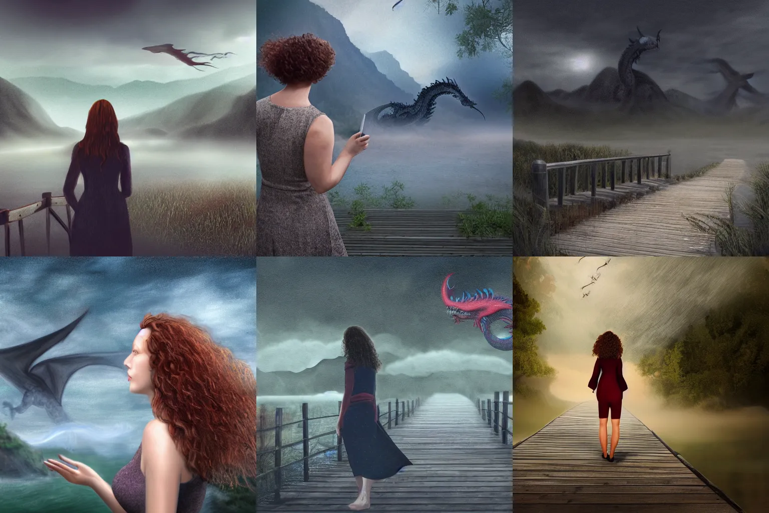 Prompt: a realistic digital painting of a woman with curly long redhair standing in a boardwalk besides a river looking at a dragon flying out of the mountains in a fog during a thunderous weather