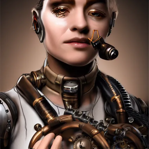 Image similar to photorealistic portrait of a steampunk cyborg