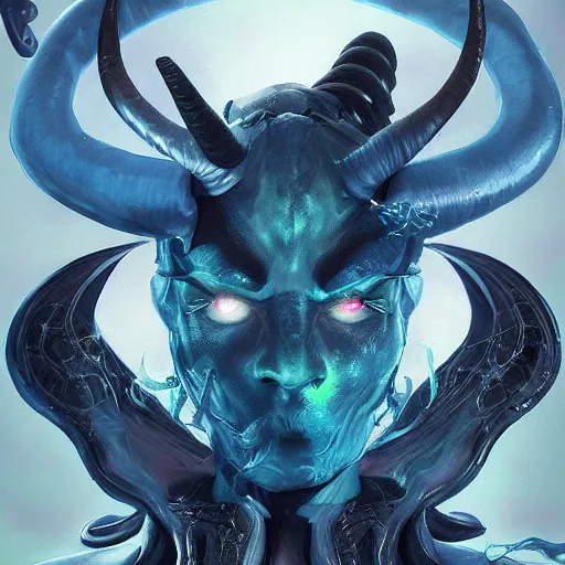 Image similar to blue djinn, demon, horns, 3rd eye, by Maciej Kuciara and Jason Chan, ominous, cosmic horror, trending on artstation, Ultra detailed, hyper realistic