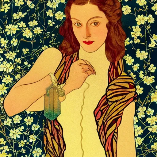 Prompt: a lot of flowers patterns morphing in a beautiful girls face, art nouveau wallpaper, film still by wes anderson, depicted by balthus, limited color palette, very intricate, art nouveau, highly detailed, lights by hopper, soft pastel colors, minimalist