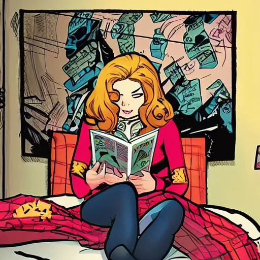 Prompt: teenage girl reading a comic book in her bedroom, art by Gabriel Picolo.