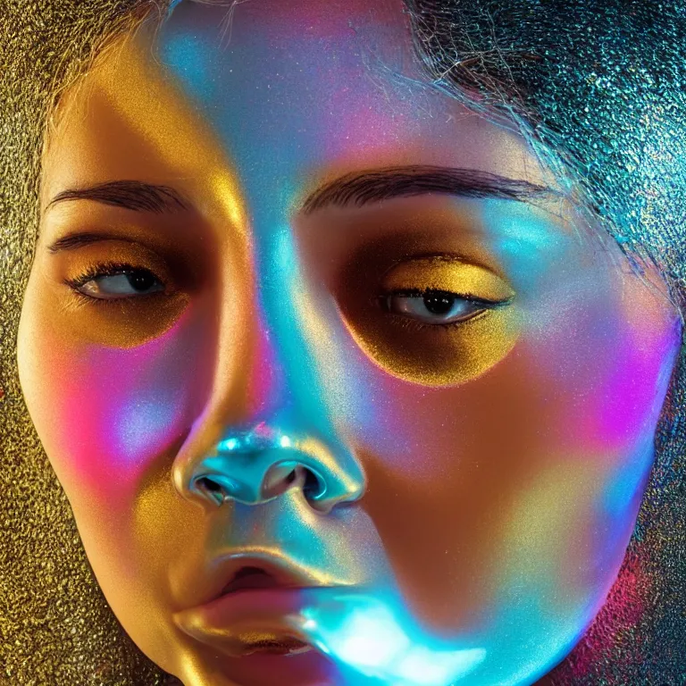 Prompt: octane render portrait by wayne barlow and carlo crivelli and glenn fabry, the ultra - sharp smooth perfect symmetrical face of a beautiful woman wearing a half - face shiny reflective chrome mask, inside a giant massive wave of liquid gold and bright glowing colorful, cinema 4 d, ray traced lighting, very short depth of field, bokeh