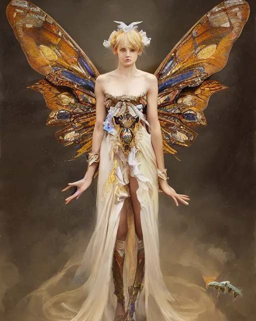 Image similar to Moth Fairy Maiden with large moth like wings wearing ornate dress by Ruan Jia and Andrei Riabovitchev, featured on Artstation, Hyperdetailed, stylized, realistic oil on linen, masterpiece, fantasycore, dark Academia