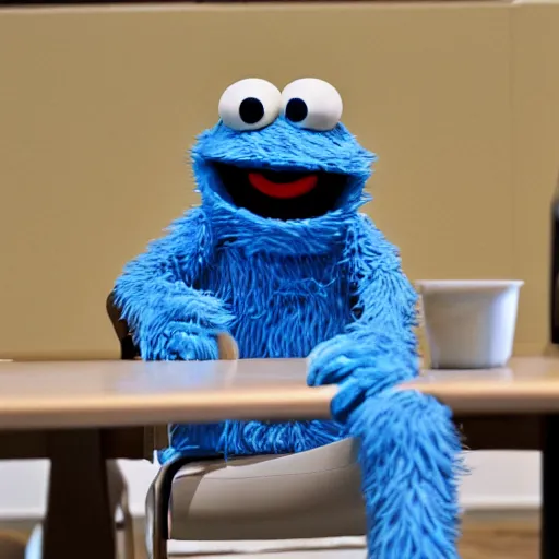 Image similar to cookie monster sitting on chair at overeaters anonymous meeting, highly detailed, sad,