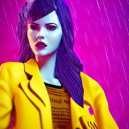 Prompt: stylish woman cartoon portrait made out of rain, pinstripe suit, short purple hair, galactic background, rendered in octane, unreal engine, highly detailed, trending on artstation, realistic, neon, beautiful