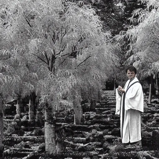 Image similar to a wide full shot, russian and japanese mix 1 9 8 0 s historical fantasy of a photograph taken of the guardian priest'plants and trees, photographic portrait, high - key lighting, warm lighting, overcast flat midday sunlight, 1 9 8 2 life magazine photograph, photojournalism from the new york times.