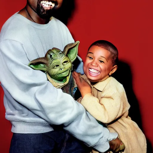 Image similar to kanye west smiling and holding yoda for a 1 9 9 0 s sitcom tv show, studio photograph, portrait