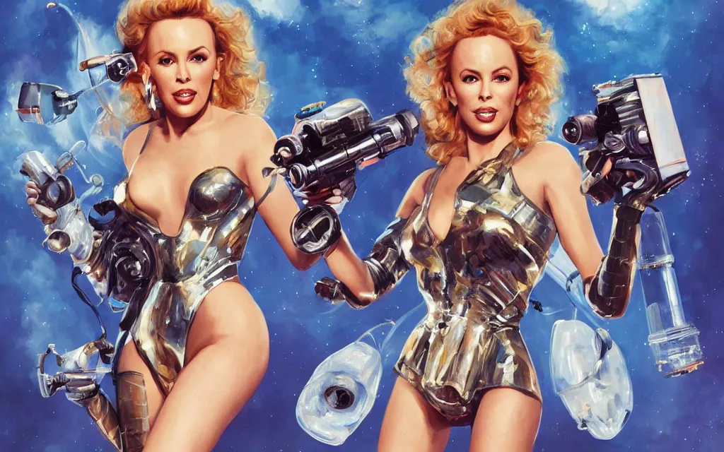 Image similar to kylie minogue as barbarella. floating through an airlock, holding a raygun. soft lighting. glamorous. sophisticated. hyper detailed painting. trending on artstation. cinematic.