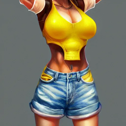 Image similar to anthropomorphic mouse wearing denim short shorts and yellow tank top, highly detailed, artgerm style, artstation, soft light, sharp focus, illustration, character design, concept art