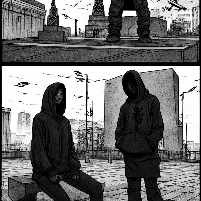 Image similar to storyboard : sadie sink in hoodie sits on bench in ruined square, pedestrians walk by, soviet monument and propaganda posters. scifi cyberpunk. by gabriel hardman. cinematic atmosphere, detailed and intricate, perfect anatomy