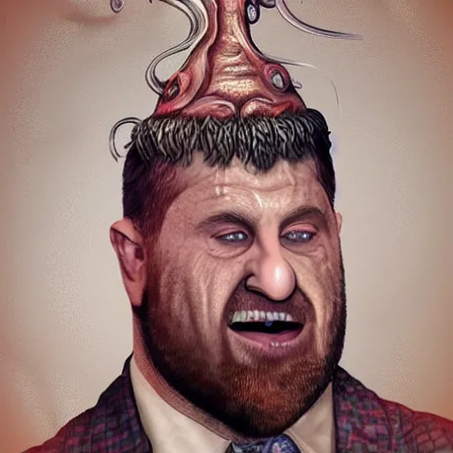 Image similar to bodyhorror portrait of ramzan kadyrov who became an ugly retarded lovecraftian monstrosity, photo - realistic, color image, 2 k, highly detailed