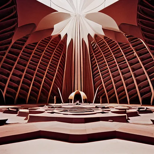 Image similar to interior of a futuristic lotus temple with gold, red and white marble panels, in the desert, by buckminster fuller and syd mead, intricate contemporary architecture, photo journalism, photography, cinematic, national geographic photoshoot