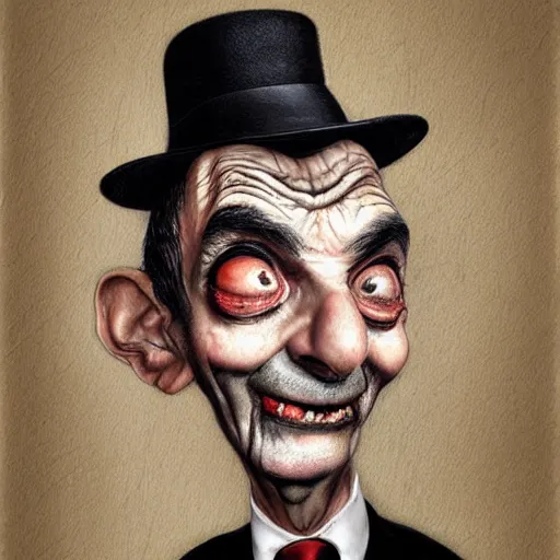 Image similar to surrealism grunge cartoon portrait sketch of Mr Bean, by michael karcz, loony toons style, freddy krueger style, horror theme, detailed, elegant, intricate