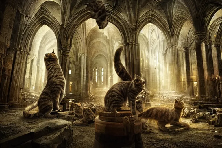 Image similar to concept art of ancient cathedral of forgotten cat people, ritual, many cats national geographic, high fantasy, strong perspective, sacred perfect lighting,