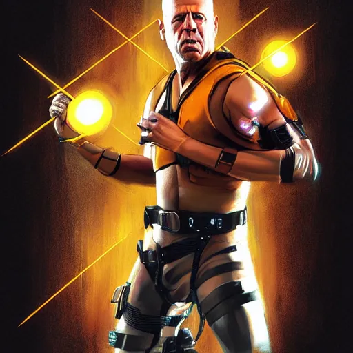 Image similar to bruce willis in the fifth element, cinematic lightning, high definition, illustration, digital painting, cgsociety, dynamic pose, film cover, highly detailed,