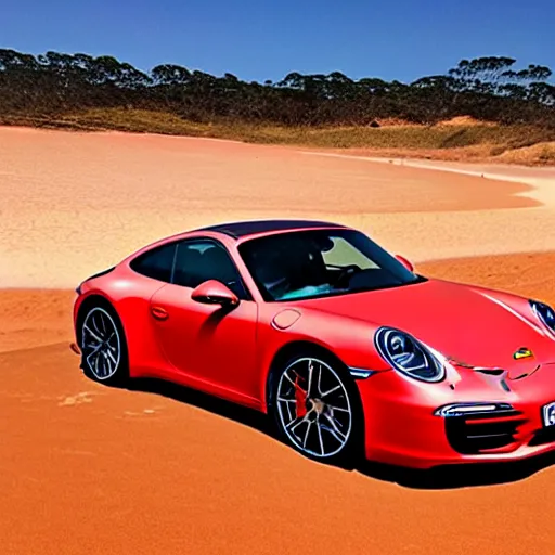 Image similar to porsche 9 1 1, beautiful australian beach, red sand, waves. dust. stars