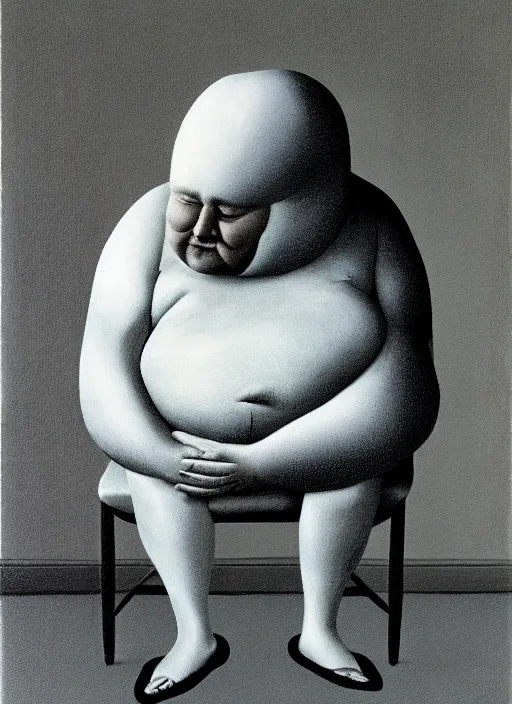 Prompt: fat man sitting on chair, sweat, fat, frustrated, art by gertrude abercrombie