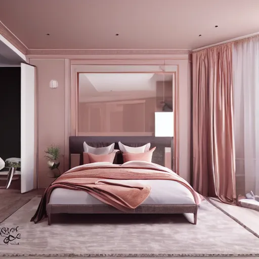 Prompt: 3 d render of modern bedroom in rose gold accents