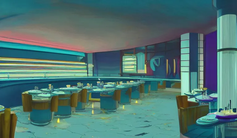 Prompt: a beautiful, sharp focus, clean lines. the interior of an art deco undersea restaurant. vaporwave ombre rendering. outrun style. fish. neon backlit jellyfish. trending on artstation. recommended for you behance. by chris moore. by edward hopper. ambient occlusion. digital matte painting. metropolis filmic. gotham city.