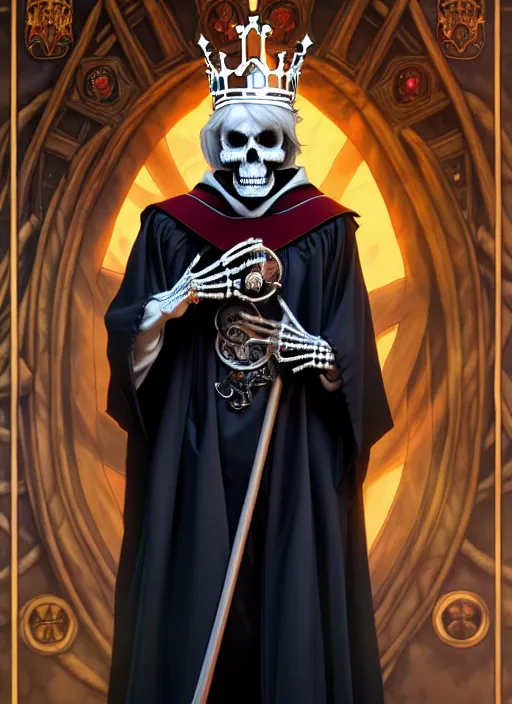 Image similar to undead skeleton king, wearing an academic gown, regal, tarot card, highly detailed, deep focus, elegant, digital painting, smooth, sharp focus, illustration, ultra realistic, 8 k, art by artgerm and alphonse mucha and greg rutkowski