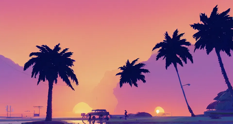 Image similar to Californian beach landscape with palmtrees and a sunset, large sunset, cinematic, synthwave style, rendered by simon stålenhag, rendered by Beeple, Makoto Shinkai, syd meade, environment concept, digital art, unreal engine, 3 point perspective, WLOP, trending on artstation, low level, 4K UHD image, octane render,