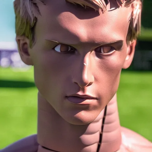 Image similar to a realistic detailed photo of a guy who is an attractive humanoid who is half robot and half humanoid, who is a male android, soccer player martin ødegaard, shiny skin, posing like a statue, blank stare, by the pool, on display, showing off his muscles, humanoid robot, hypnotized