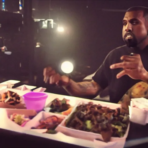 Image similar to blurry, gopro footage of kanye west eating at taco bell, cinematic, volumetric lighting, night, rain