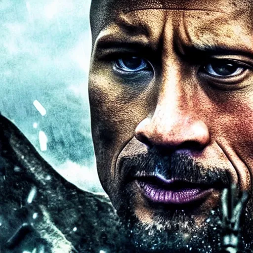 Image similar to Dwayne Johnson as samurai , under rain, dramatic, war ambience, an film still