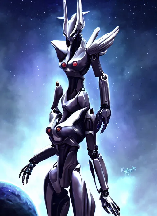 Image similar to cinematic shot, cosmic sized perfectly proportioned stunning beautiful anthropomorphic robot mecha female dragon, space background, larger than galaxies, holding milky way in hands, sleek silver armor, epic proportions, epic size, epic scale, ultra detailed digital art, furry art, macro art, dragon art, giantess art, warframe fanart, furaffinity, deviantart