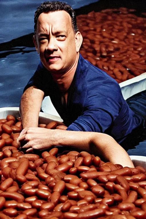 Image similar to tom hanks swimming in a pool of baked beans, realistic, moody grindhouse, dark