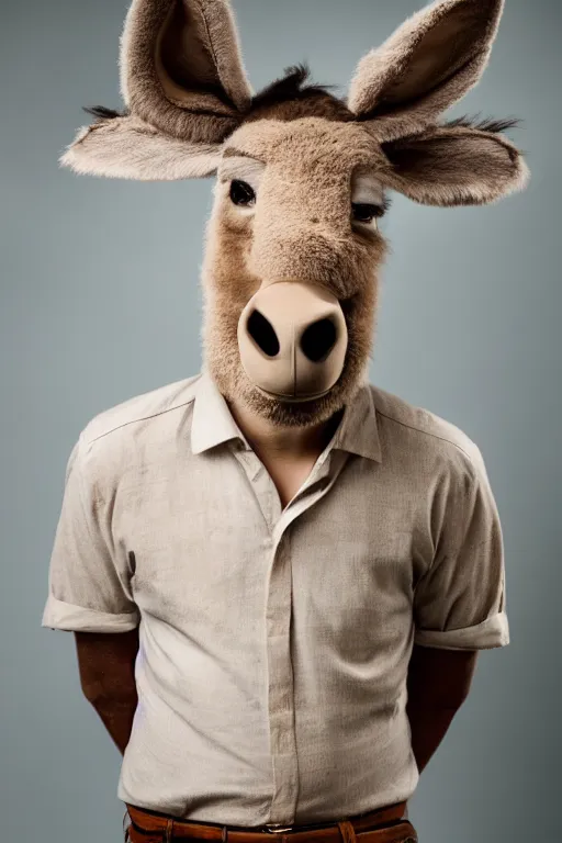 Prompt: anthropomorphic donkey that looks like a man, wearing a shirt, full body portrait photo, realistic, studio lighting, professional photography, nikon 5 0 mm f / 1. 8 g, canon