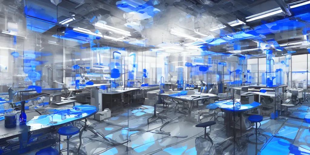 Prompt: A hi-tech laboratory with glass test tubes with blue liquid inside, blue lamps on the ceiling, Warhammer 40K, sci-fi, cinematic lightning, 8k render, ultra HD