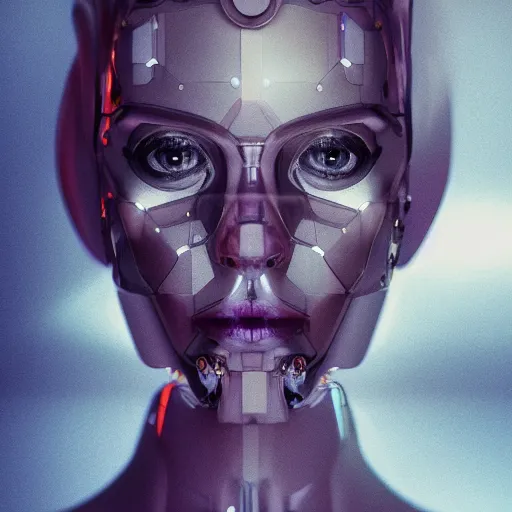 Image similar to Masterpiece full body portrait of a beautiful female cyborg with a beautiful face and flawless skin, parts of her body are made of transparent plastic, in a surreal dream landscape, eerie fog, cinematic lighting, 8k