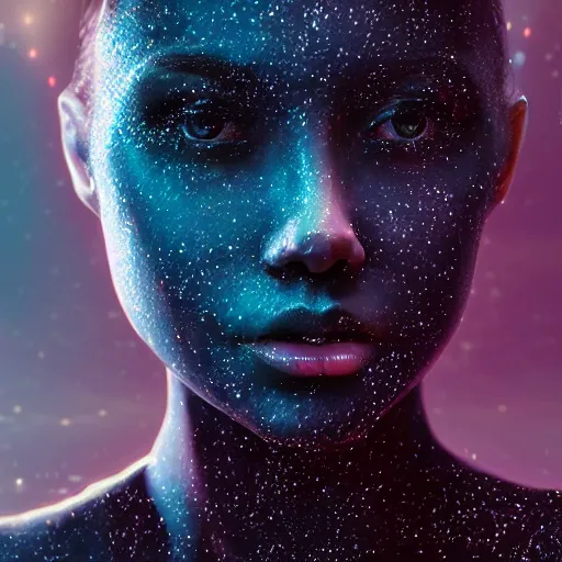 Image similar to woman portrait made out of galaxies, beautiful, cyborg, cinematic comic book art, realistic, highly detailed, octane render