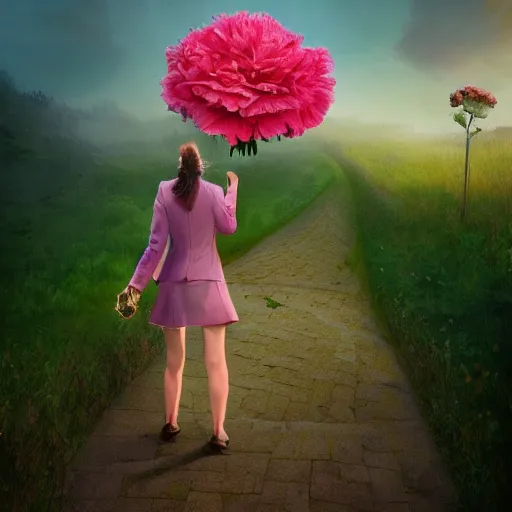 Image similar to giant carnation flower head, girl in a suit, on a path, surreal photography, sunrise, dramatic light, impressionist painting, digital painting, artstation, simon stalenhag