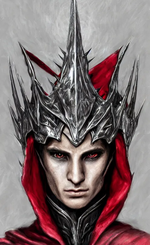 Prompt: A portrait of a male elf, 20 years old, short silver hair, red eyes, wearing a spiked black metal crown, black heavy armor with gold trim, and a red cape, lean but muscular, attractive, command presence, royalty, weathered face, smooth, sharp focus, illustration, concept art, highly detailed portrait, muscle definition, fantasy painting, ArtStation, ArtStation HQ