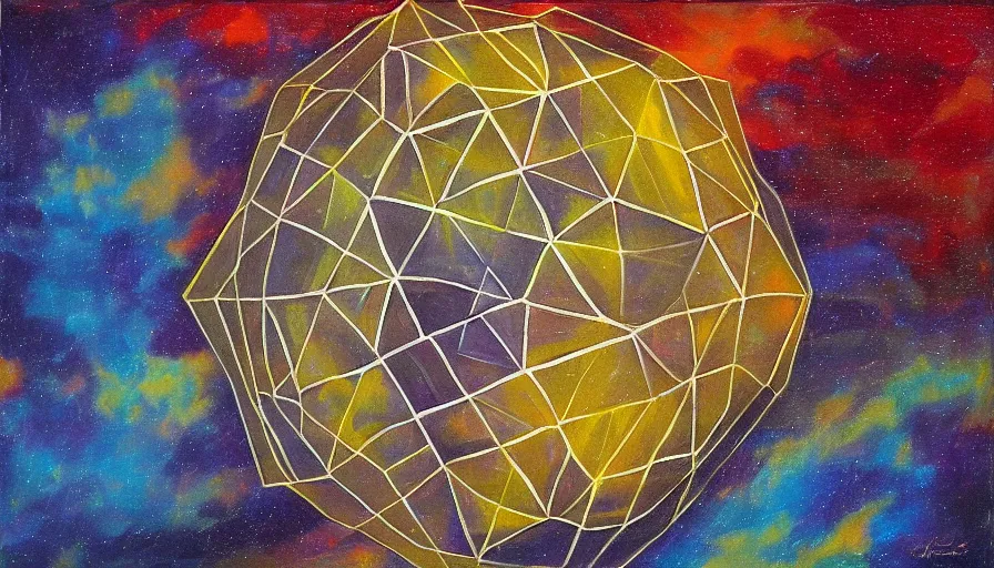 Image similar to hexagonal solar sail, floating in space blocking the sun, oil painting