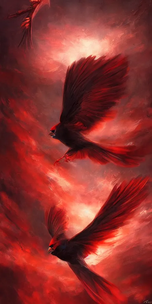 Prompt: a painting of a red cardinal flying through the sky, poster art by raymond swanland, deviantart, fantasy art, christian, deviantart, mystical