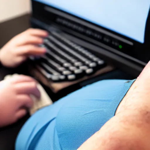 Image similar to obese man typing on a computer , photograph , realistic , HD , 4k