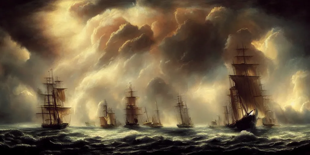 Prompt: Tallships sailing through cumulonimbus clouds, by Rolf Armstrong and Evelyn De Morgan and Bastien Lecouffe-Deharme, dramatic lighting, high contrast colors, baroque, empyrean, panoramic view, as trending on Artstation, highly detailed, doom engine,