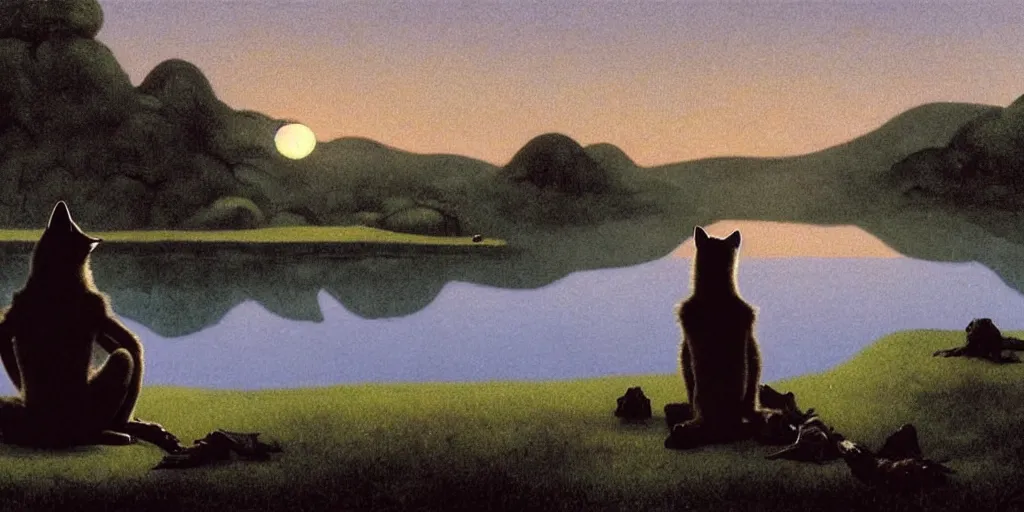 Prompt: detailed ultra - realistic graphic novel illustration of a baby wolf from viewed from behind, sitting on the shore of a pond looking out at a sunset by edward hopper and gregory crewdson, cinematic, muted colors, cinematic fog, full shot, george adult, carel willink, ian miller, wayne barlowe, greg rutkowski, norman rockwell